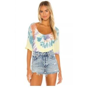 CHASER Smocked Double V Peasant Top in Tie Dye Size Medium 3/4 Sleeves